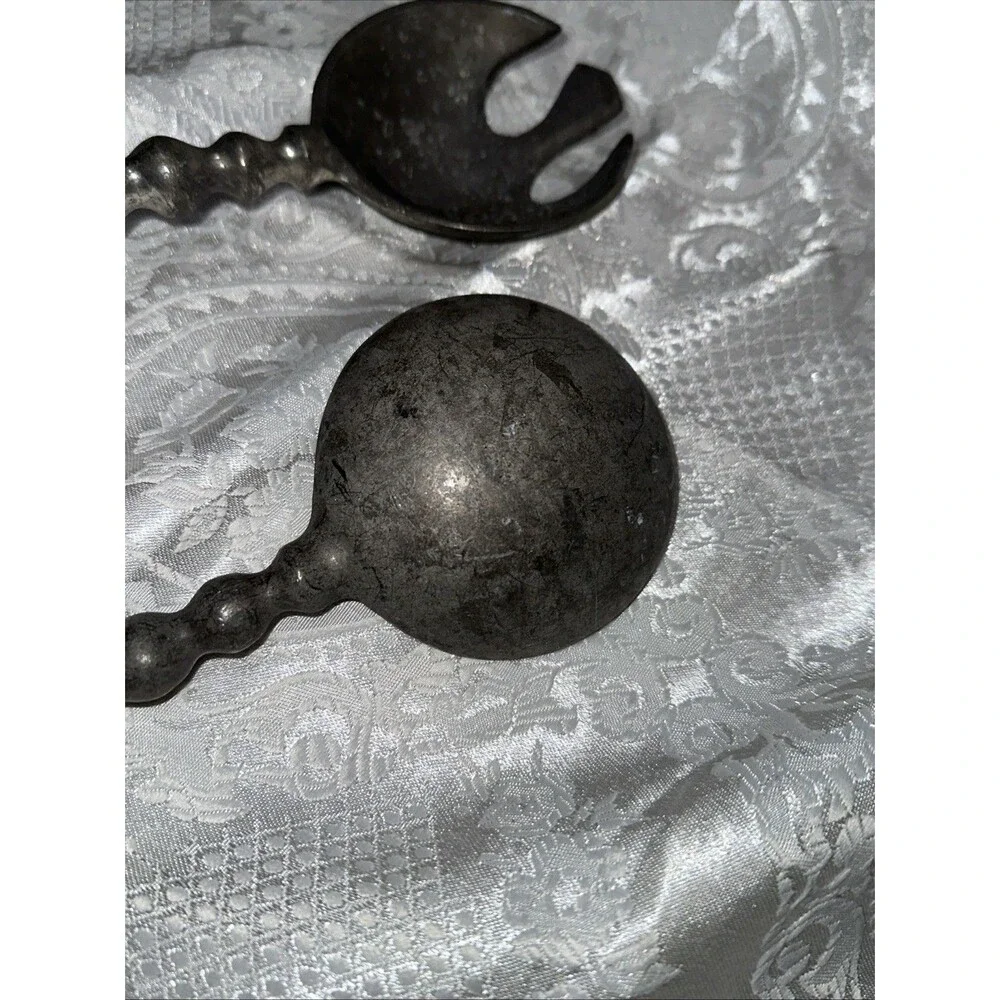 Pewter Metal Silver Tone Salad Servers Silverware Bubble Bead Curved Handles